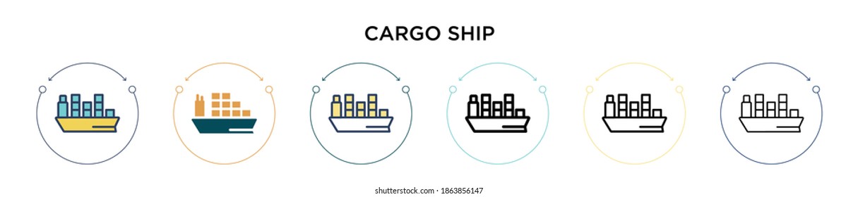 Cargo ship icon in filled, thin line, outline and stroke style. Vector illustration of two colored and black cargo ship vector icons designs can be used for mobile, ui, web