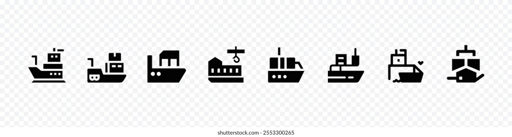 Cargo ship icon, industrial ship icon set. vessels for transportation and fishing. cargo ship icon set. sea transportation symbols. oil tanker and lng tanker. ship line icon set. boat and vessels