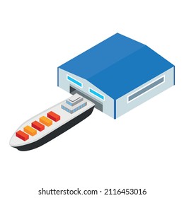 Cargo ship icon isometric vector. Large modern container ship near pavilion icon. Cargo boat, transport logistics, water transport