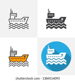 Cargo ship icon. Line, glyph, flat and filled outline colorful version, transportation boat on water waves outline and flat vector sign. Symbol, logo illustration. Different style icons set