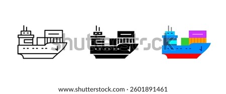 Cargo ship icon. Maritime freight transport vector illustration. Container vessel symbol for global shipping, logistics and international trade. Ocean delivery and sea transportation pictogram.