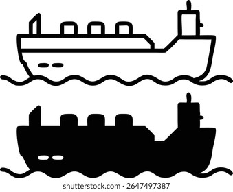 Cargo Ship Icon Set – Black and White Container Vessel Symbol Vector Illustration