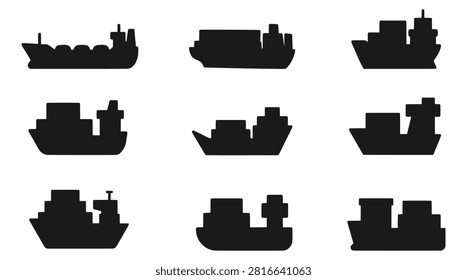 Cargo ship icon set in black vector style featuring container silhouettes with varied hulls, stacks, and superstructures for EPS maritime, transport, and decorative design illustrations.