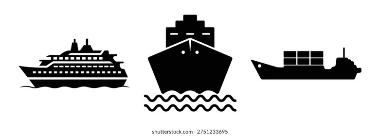 Cargo Ship Icon Set – Cruise Liner, Oil Tanker, Maritime Transport Vector