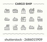 Cargo Ship icon set. Minimalist linear icons. Contains outline symbols like automobile, transport, vehicle, car, logistic. Pixel perfect. Editable vector. Shipping icon set.