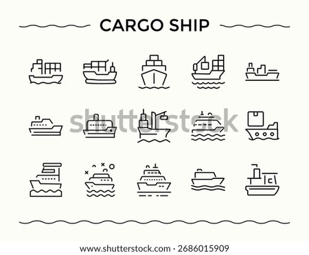 Cargo Ship icon set. Minimalist linear icons. Contains outline symbols like automobile, transport, vehicle, car, logistic. Pixel perfect. Editable vector. Shipping icon set.