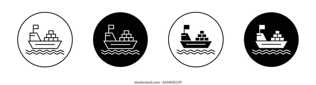 Cargo Ship Icon Set. Sea freight vessel vector symbol in a black filled and outlined style. Ocean Voyage Sign.