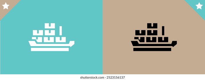 Icono de barco de carga con contenedores de envío, que representa el transporte marítimo, el comercio marítimo y la logística global. Ideal para su uso en materiales de la industria naviera, contextos de comercio global. Ilustración vectorial