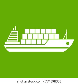 Cargo ship icon white isolated on green background. Vector illustration