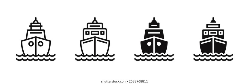 Conjunto de iconos de barco de carga. Crucero, transporte, vehículo, barco para viajes por mar y transporte. Estilo relleno y perfilado. Ilustración vectorial.