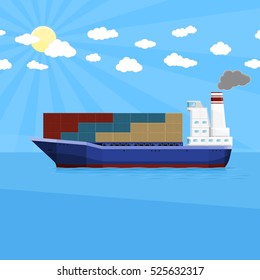Cargo ship with intermodal containers. Maritime transport delivery. Flat vector illustration 10 EPS