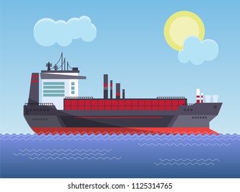 Cargo ship with a cargo into the sea. Vector illustration.