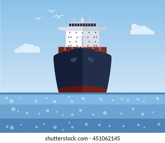 Cargo ship with a cargo into the sea. Vector illustration.