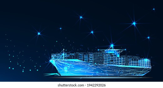 Cargo ship isolated in dark blue background. Container ships, transportation, logistics or international shipping concept. Digital polygonal vector, Abstract low poly 3d  mesh illustration