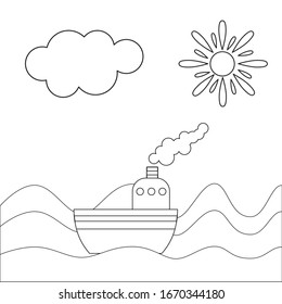 Buque de carga aislado en fondo blanco. Esbozo de esquema gráfico simple. Estilo de caricatura. Mar y océano. Transporte marítimo. Viaje náutico. Para postales y libro de colorear. Para los niños. Para niños
