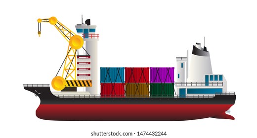 Cargo ship, isolated vector over white background
