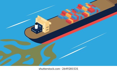 Ilustración vectorial isométrica del buque de carga. Buque de carga con contenedor.