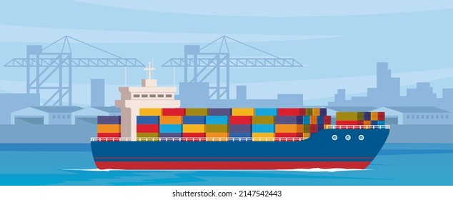 Cargo ship leaves port after loading. Cargo ship with containers in the ocean. Seaport with cranes and warehouses. Cargo logistics. International cargo transportation and trade. Vector illustration