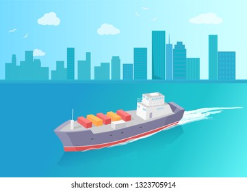Cargo ship leaves trace in sea or ocean, marine vessel. Transportation boat full of containers export goods, shipping and delivering on background of skyscrapers