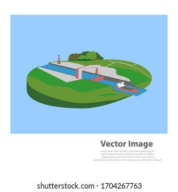 Cargo ship leaving a lock. Device for raising and lowering boats. Vector illustration