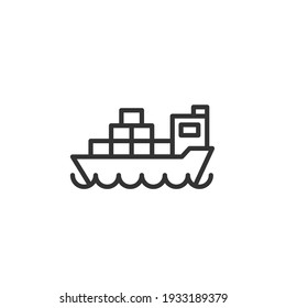 Icono de línea de envío de carga. Freighter con paquetes, cajas, mercancías. Concepto de entrega. Se puede usar para temas como envío, internacional, logística, exportación