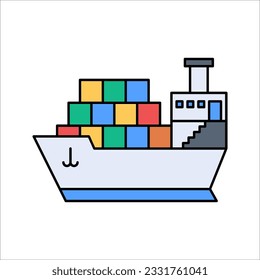 Icono de línea de envío de carga. Freighter con paquetes, cajas, mercancías. Concepto de entrega. ilustración vectorial sobre fondo blanco