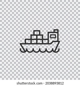 Cargo ship line icon isolated on transparent background. Freighter with parcels, boxes, goods. Delivery concept. Vector.