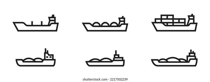 cargo ship line icon set. river and sea cargo vessels. water transportation symbols. isolated vector images