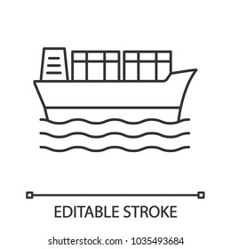 Cargo ship linear icon. Thin line illustration. Tanker. Container vessel. Contour symbol. Vector isolated outline drawing. Editable stroke