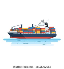 Cargo ship loaded with colorful containers navigating through water, emphasizing maritime transportation and shipping industry.