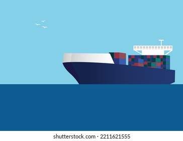 A cargo ship loaded with containers floats on the sea
