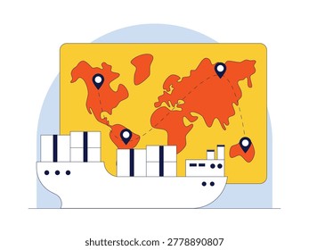 A cargo ship loaded with containers sits in front of a world map with location pins and dashed routes connecting continents.