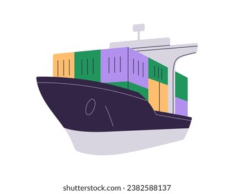 Cargo ship loaded with goods in containers. Marine shipment, sea freight concept. Nautical vessel, transport. Commercial transportation by ocean. Flat vector illustration isolated on white background