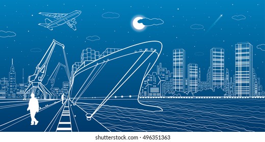 Cargo ship loading, boat on the water, sea harbor, airplane fly, transportation illustration, people walk along the promenade, vector design art