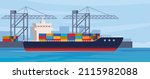 Cargo ship loading in city port. Cranes on dockside, pier unloading shipping containers from freight vessel to shore. Vector illustration in flat style