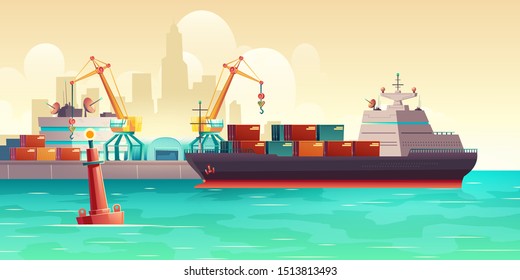 Cargo ship loading in city port. Cranes on dockside, pier unloading shipping containers from freight vessel to shore. Goods transportation, delivery with maritime transport cartoon vector background