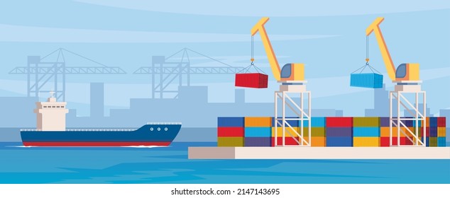 Cargo ship loading in city port. Cranes on dockside, pier unloading shipping containers from freight vessel to shore. Vector illustration in flat style