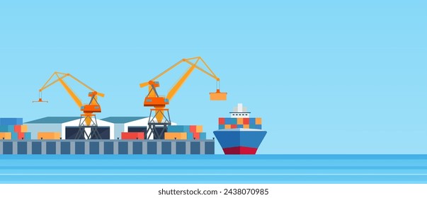 Cargo ship loading in city port. Cranes on dockside, pier unloading shipping containers from freight vessel to shore. Vector illustration in flat style