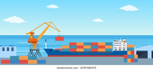 Cargo ship loading in city port. Cranes on dockside, pier unloading shipping containers from freight vessel to shore. Vector illustration in flat style