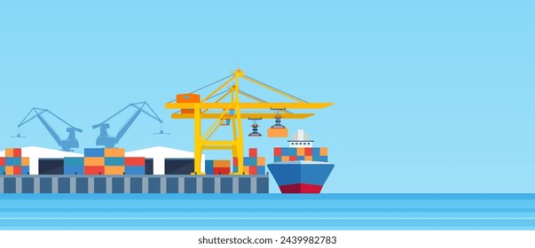 Cargo ship loading in city port. Cranes on dockside, pier unloading shipping containers from freight vessel to shore. Vector illustration in flat style