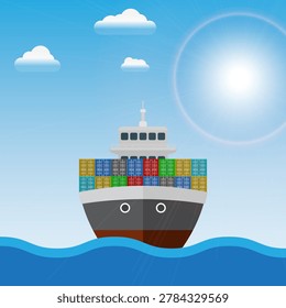 Cargo ship loading in city port. Cranes on dockside, pier unloading shipping containers from shore to freight vessel. Vector illustration EPS 10.