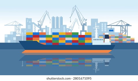 Cargo ship loading in city port. Cranes on dockside loading shipping containers. Industrial port concept