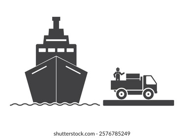 Cargo ship loading with truck car and worker man in harbor icon