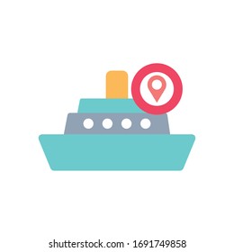 cargo ship and location pin icon over white background, flat style, vector illustration