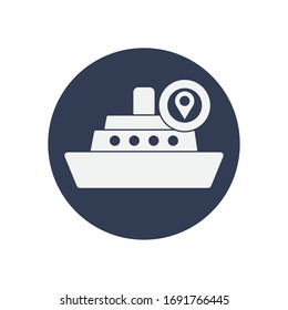 icono de la nave de carga y el pin de ubicación sobre fondo blanco, estilo de bloque, ilustración vectorial