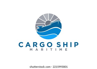 Logo des Frachtschiffes Design Schiffswellen Sonnenschein Symbol Illustration