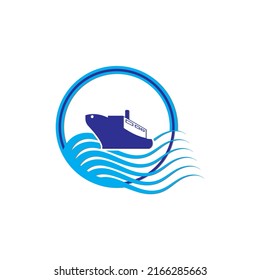 Cargo ship logo. Freight transportation trade company, commercial container boat with water sea wave icon blue vector design