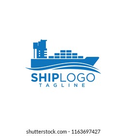 Cargo ship logo for international marine export or import goods and freight transportation trade company, commercial container boat with water sea wave icon blue vector design