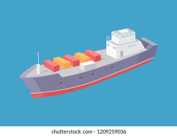 Cargo ship marine commercial vessel vector icon isolated on blue. Transportation boat full of containers export goods, shipping and delivering by water