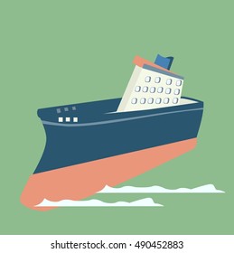 Cargo Ship Moving on Green Background Vector Illustration
